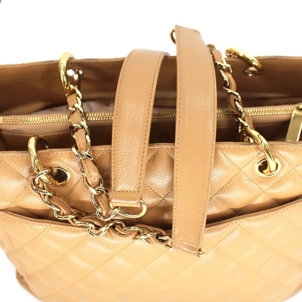 CHANEL Grand Shopping Tote Quilted Gold Chainlink Handle Handbag Beige - Picture 7 of 10